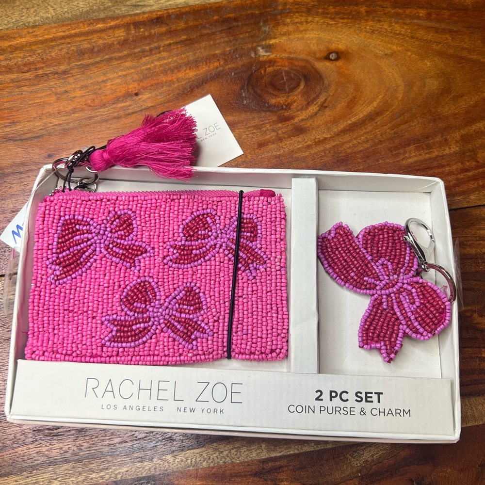 Rachel Zoe Fuchsia Beaded Coin Purse & Bow Charm Set